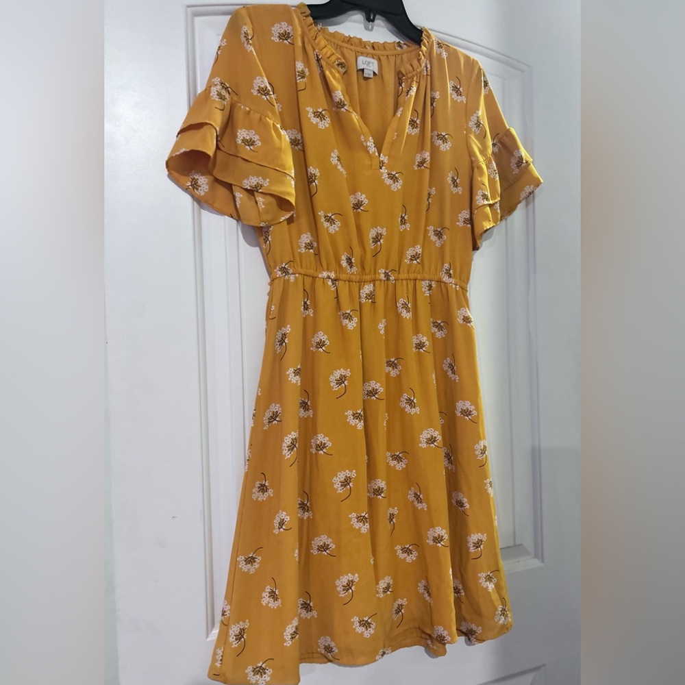 LOFT Mustard Floral V-Neck Flutter Sleeve Mini Dress